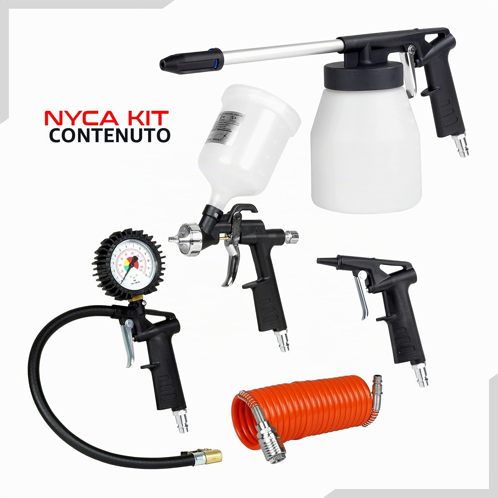 GAV Kit Accessori Aria Compressa NYCA con Pistola Soffiaggio, Manometro Pressione Gonfiaggio Gomme, Aerografo Verniciatura, Pistola Lavaggio e Tubo Spirale 4m