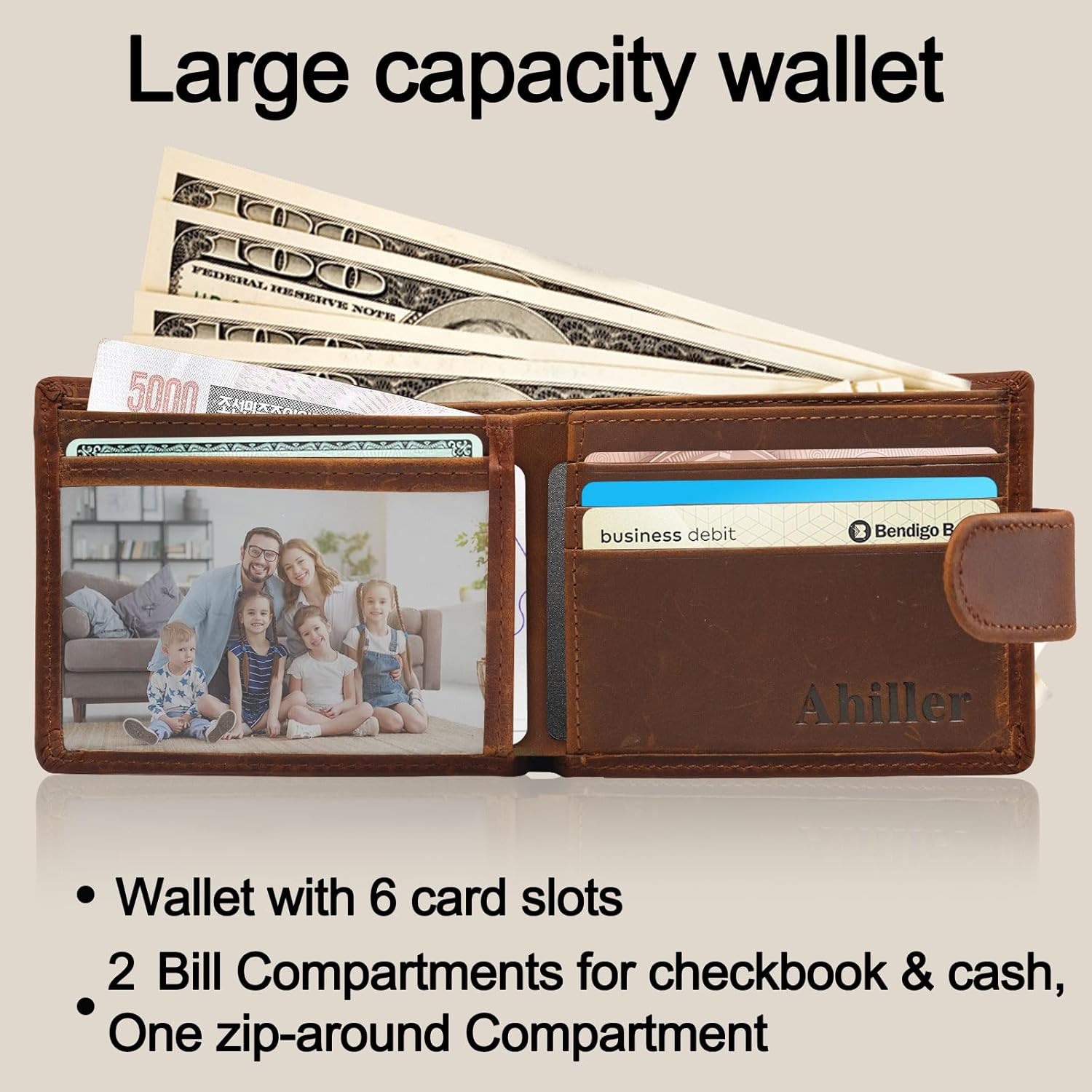 Ahiller Bifold Chain Wallet for Men, Biker Crazy Horse Leather Wallet with Chain, Detachable Double-Lock Carabiner Clip Key Chains Classic Wallets for Mens & Teen Boys-Coffee