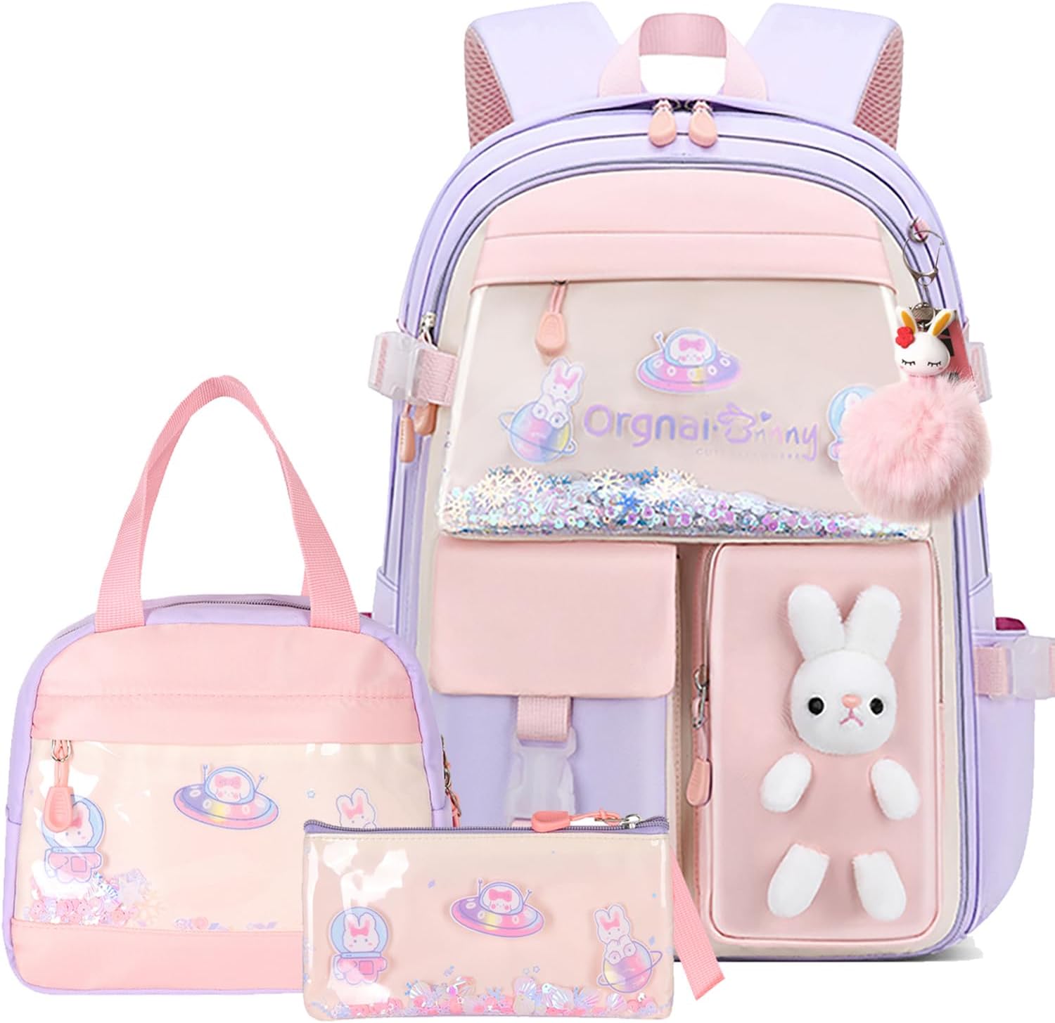 Girls Backpack,Kawaii Bunny Backpack for Girls Kindergarten Cute Elementary Schoolbag with Lunch Box Kids Children Bookbag Casual Daypack with Chest Strap