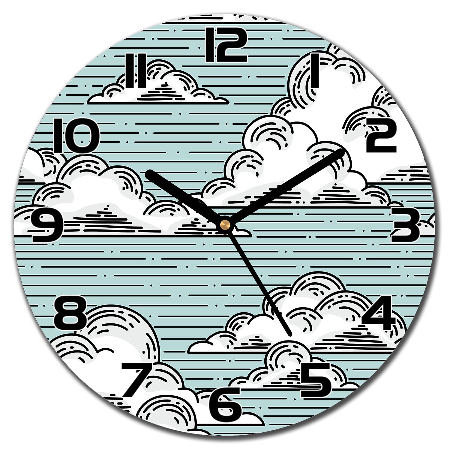 Horloge en verre securite imprimee nuages 30 cm de diametre avec aiguilles noires