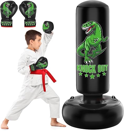 Saco de boxeo de dinosaurio estable más grande para niños, 66 pulgadas de alto, deportivo, para niños y adolescentes, saco de boxeo inflable con