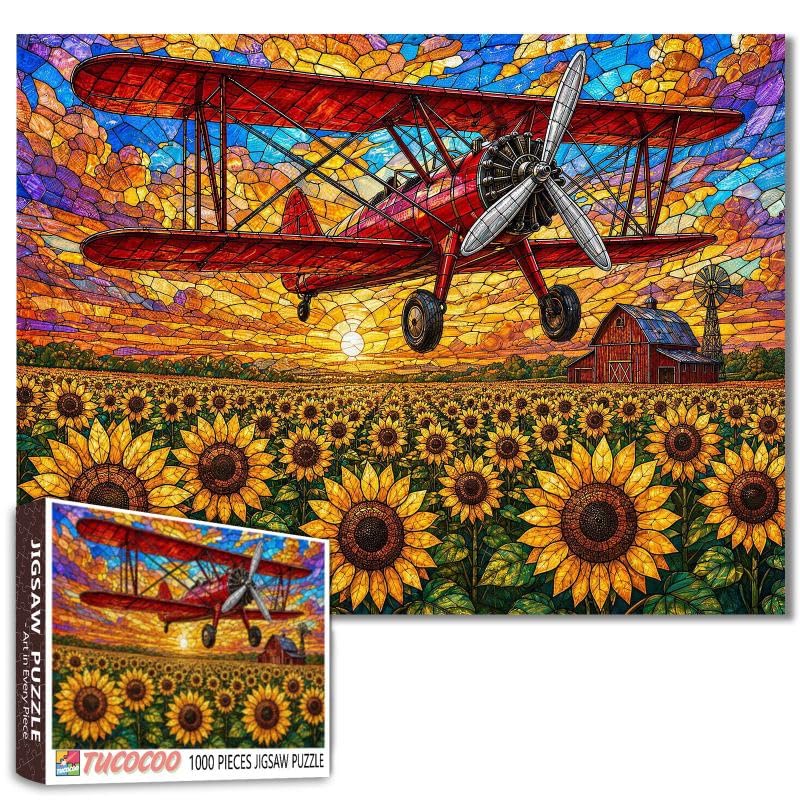 Stained Glass Airplane Jigsaw Puzzles for Adults 1000 Pieces Red Vintage Biplane Sunflower Field Farm Landscape Activity Games Wall Decor Craft Gifts 19.7 x 27.6 Inch