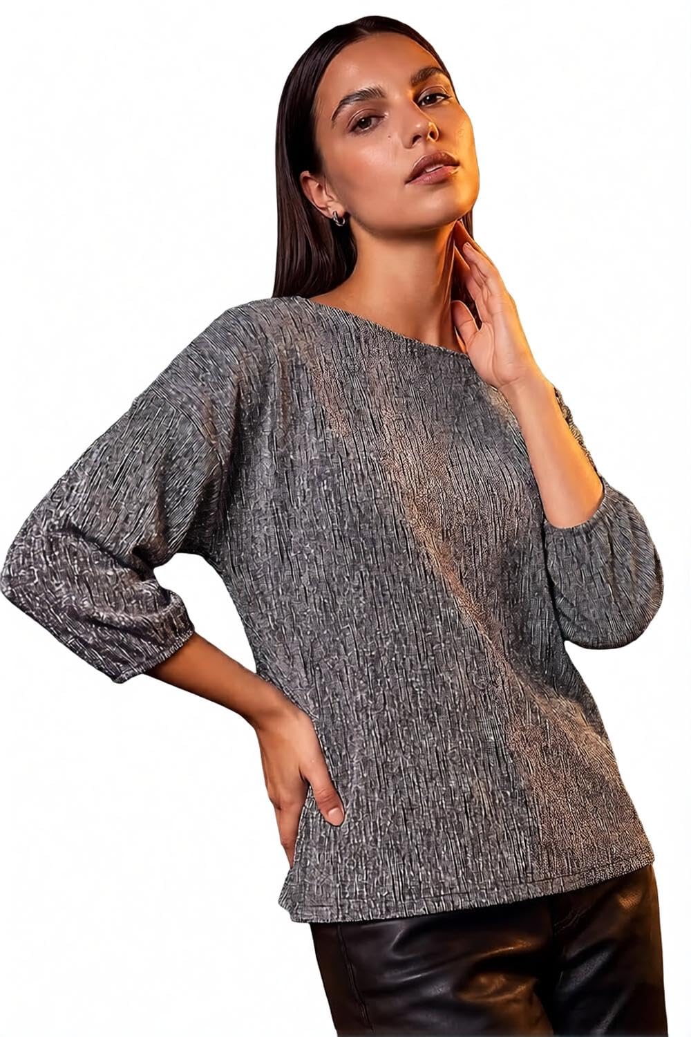 Roman Originals Stretchy Top for Women UK - Ladies Jersey Blouse Smart Casual Tunic Work 3/4 Length Sleeve Round Neck Boat Neckline Flattering Autumn Winter