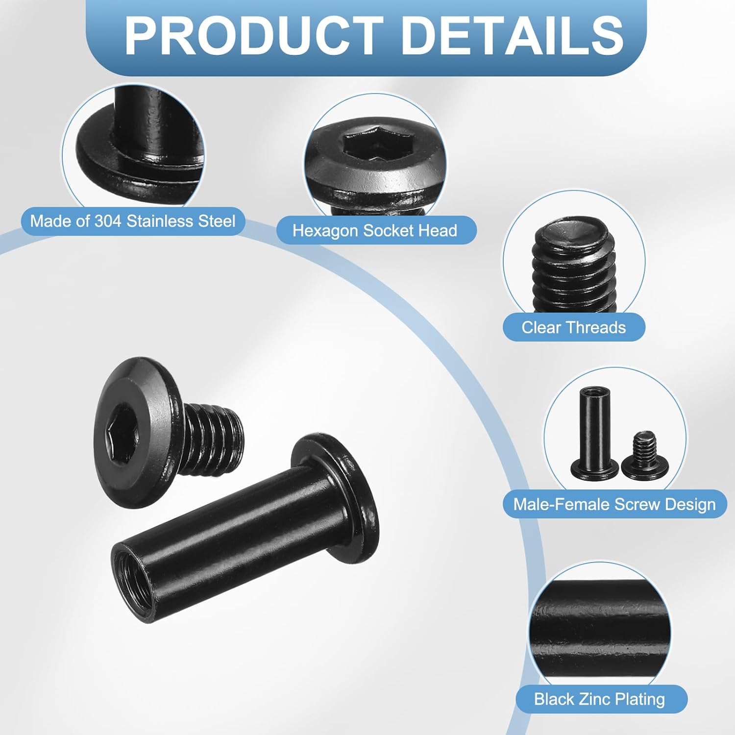 uxcell 10 Sets Binding Post Screw, M6x10.5mm Bolts Female 8x23mm Hex Drive Socket Cap Screw Rivets Chicago Screws Furniture Bolts Stainless Steel with Wrench for Furniture Repair, Black