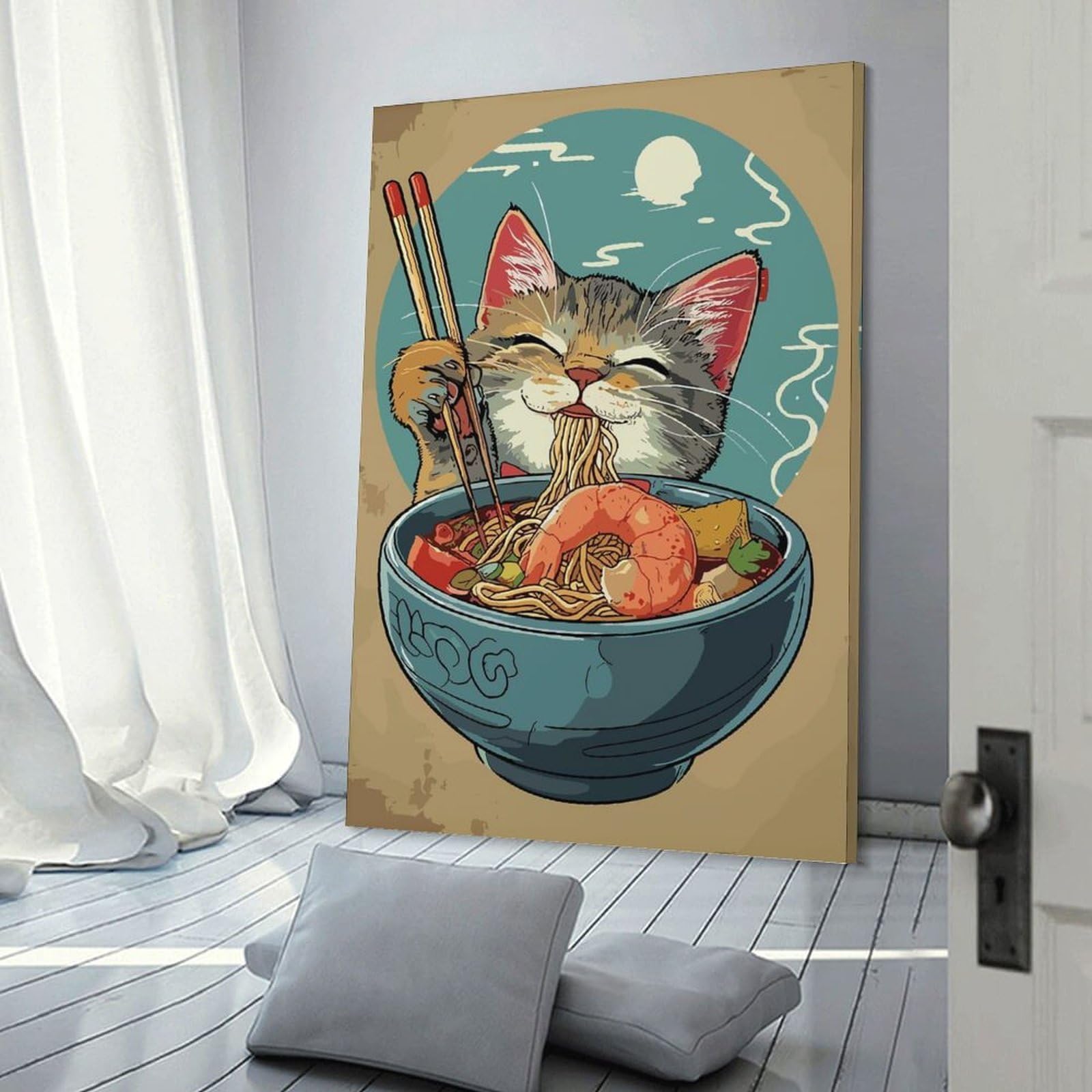 Junmoney Canvas Wall Decor Anime Cat Ramen Bowl, 20x30inch(50x75cm), for Flats, Guest Rooms Or Compact Rooms, A Simple Refresh for Blank Walls