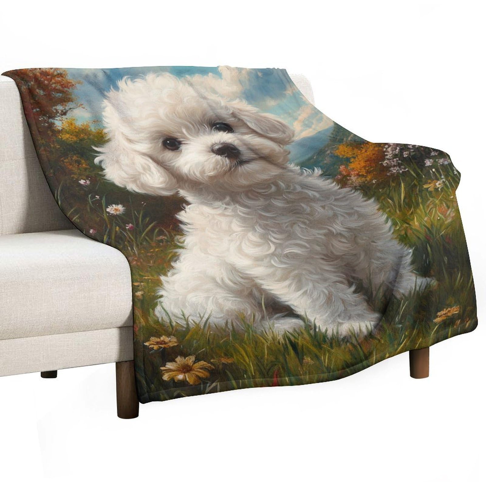 Couverture motif chien blanc mignon 127x152, plaid lit canapé salon chambre
