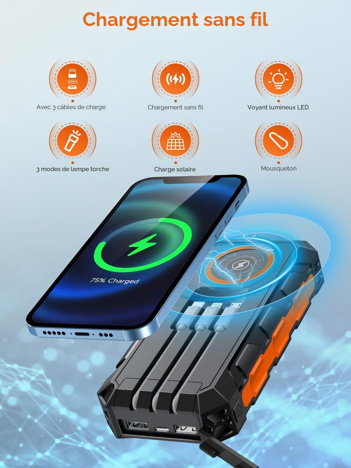 Power Bank 52800mAh: Solaire Batterie Externe avec Charge Rapide 30W PD, 3 Câbles Intégrés, 5 Sorties, 2 Entrées, Charge sans Fil, Chargeur Portable pour Smartphones (Orange)