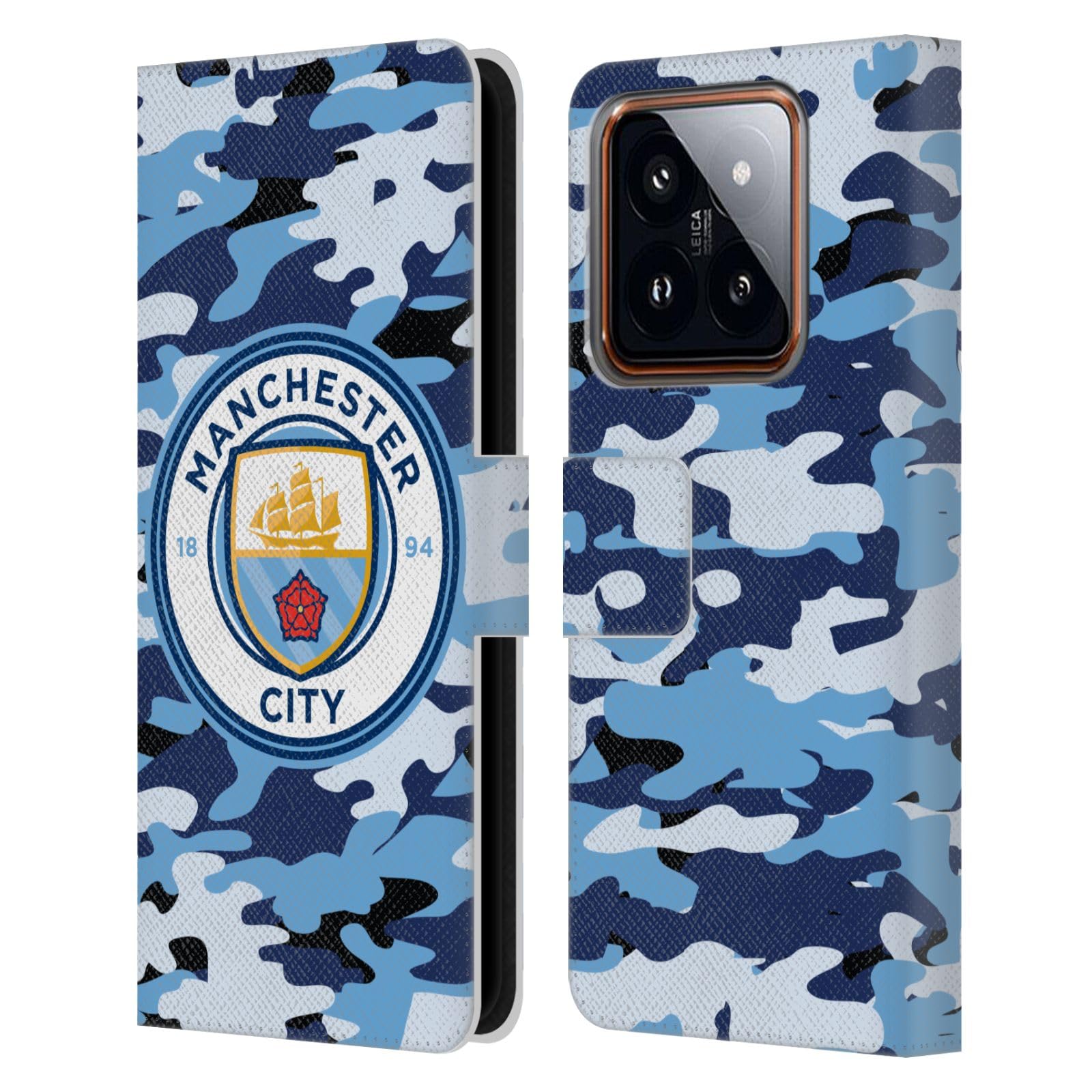 Head Case Designs Officially Licensed Manchester City Man City FC Blue Moon Badge Camou Leather Book Wallet Case Cover Compatible with Xiaomi 14