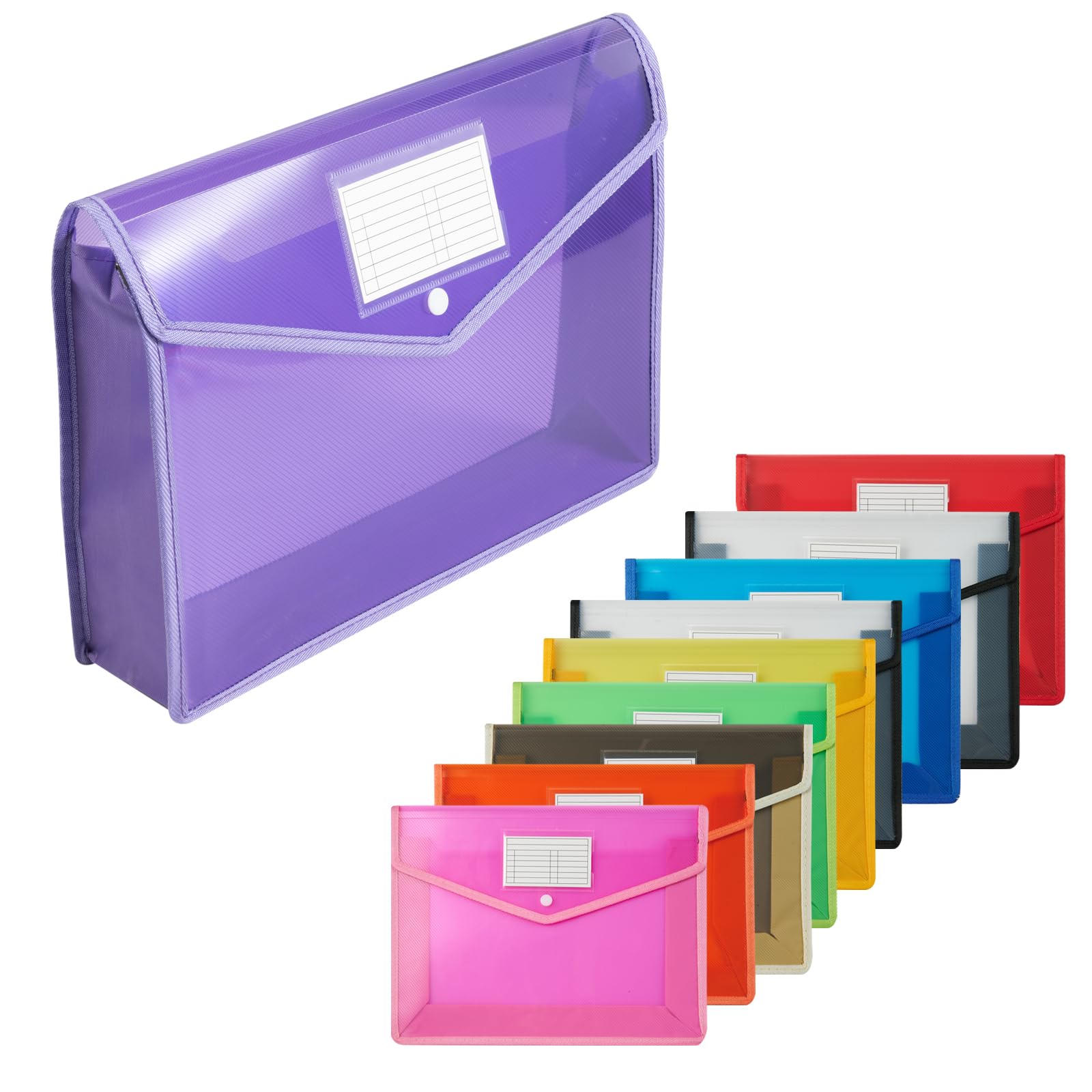 HOUYEE 10 Pieces Plastic Envople Expanding File Wallet Organizer Documents Folder with Snap Closure and Pocket, A4 Size Waterproof Transparent File Pouch for School and Office (Horizontal, 9 Color)