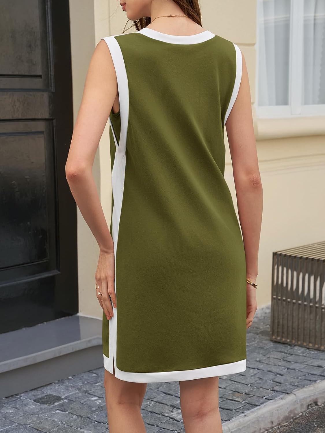 Wenrine Womens V Neck Mini Dress Summer Sleeveless Color Block Loose Fit Slit Casual Tank Dresses - Image 6