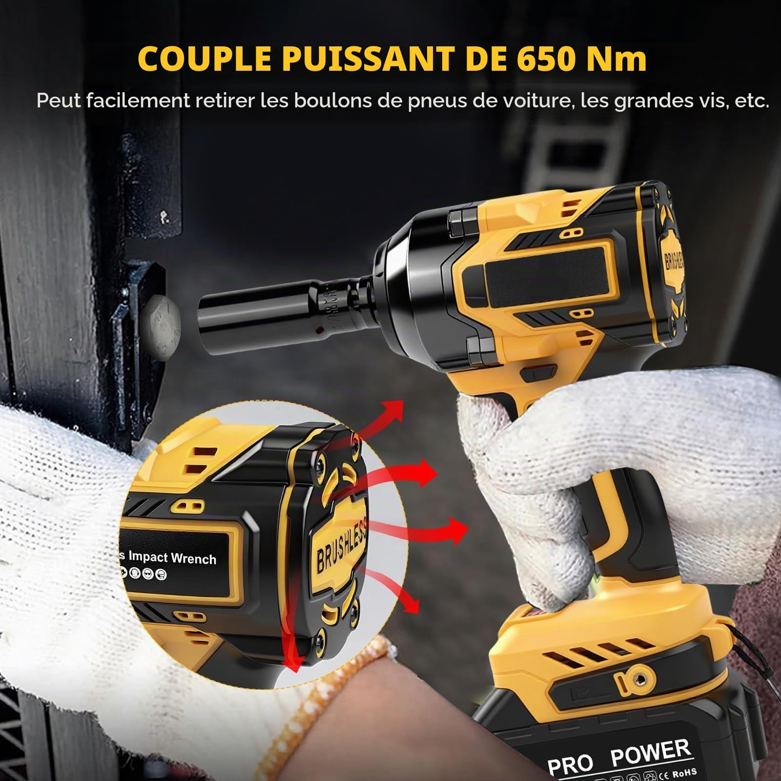 650 N.m Boulonneuse a Choc Electrique 21V, Clé à Chocs Sans Fil Brushless, avec 2x4.0Ah Batteries, 6 Douilles à Chocs 1/2", 5 Vitesses pour Auto et Bricolage