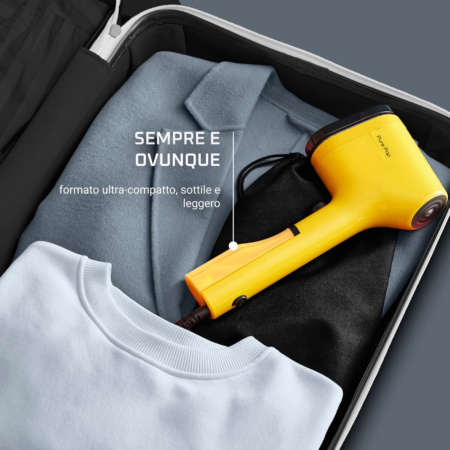 Rowenta Pure Pop steamer packed neatly inside a suitcase