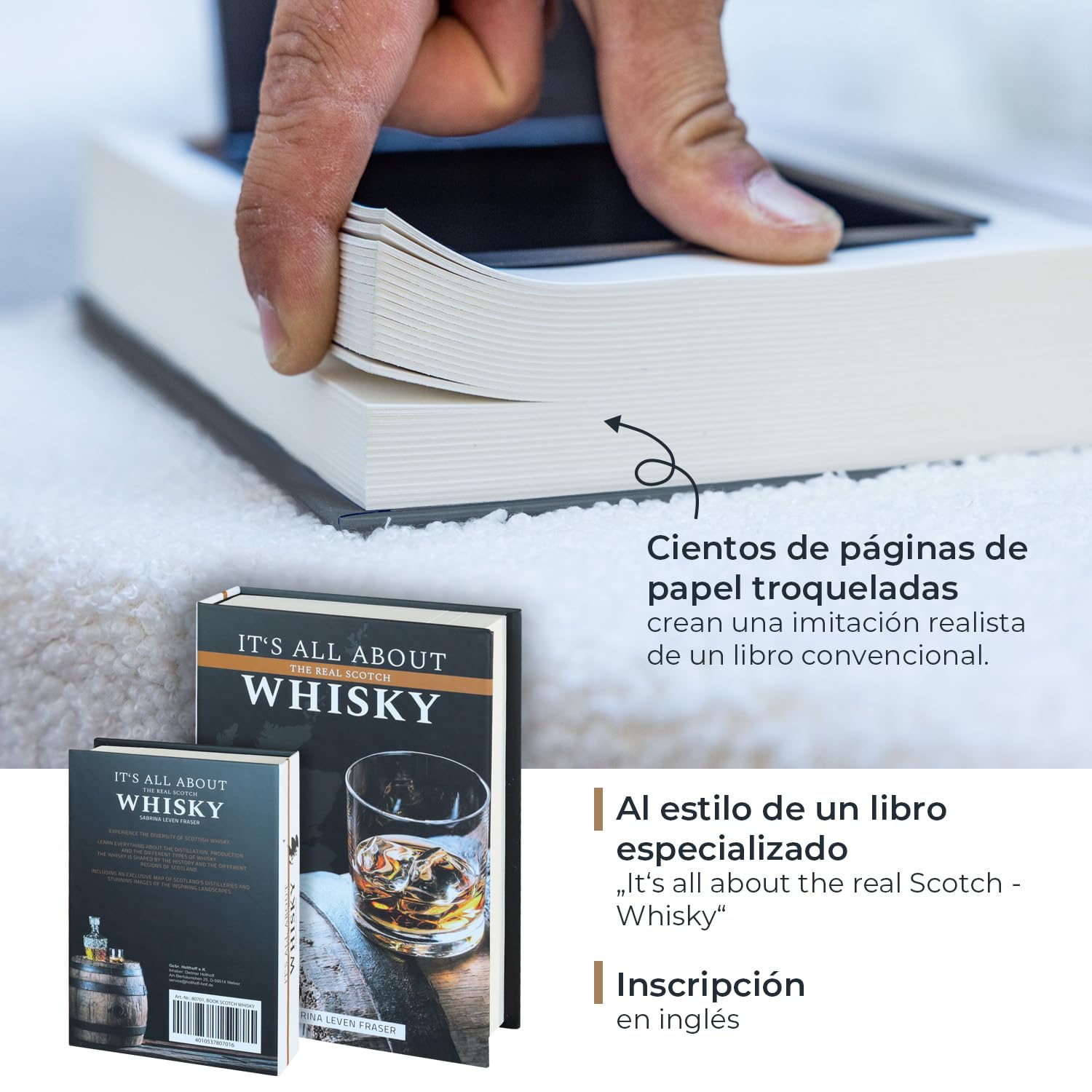 HMF 80701 Caja de libro, caja de caudales con camuflaje de libro con paginas de papel, "Whisky", 18,7 x 13 x 4,2 cm