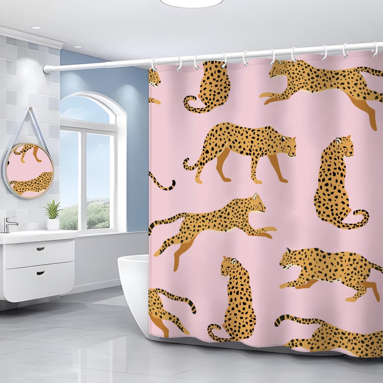 Inshere Cute Leopard Shower Curtain with 12 Hooks Pink Cheetah Animal Bathroom Curtain 72x72 Inch Waterproof - Image 4