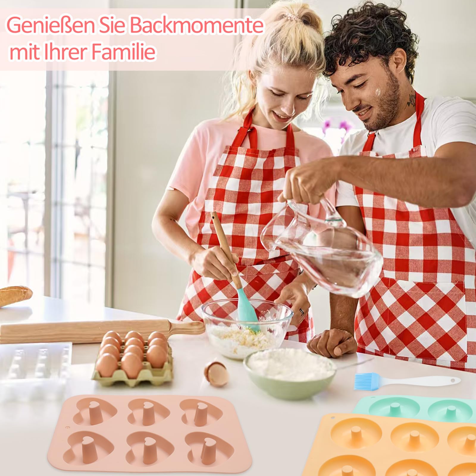 TNSLAND 4 sztuki silikonowych foremek do pieczenia donutów, 3 kolory, z pędzlem do oleju, nieprzywierające, do pieczenia ciast, bajgli, muffinek (okrągłe, kwiaty i serca)