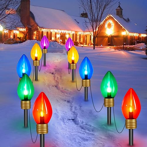 Moonflor 4 Pack Jumbo C9 Christmas Pathway Lights Outdoor - Total 34FT 20 LED C9 Christma Walkway Light, Multicolor Christmas Decoration Outside, Giant Christmas Lights Outdoor for Lawn Holiday Yard
