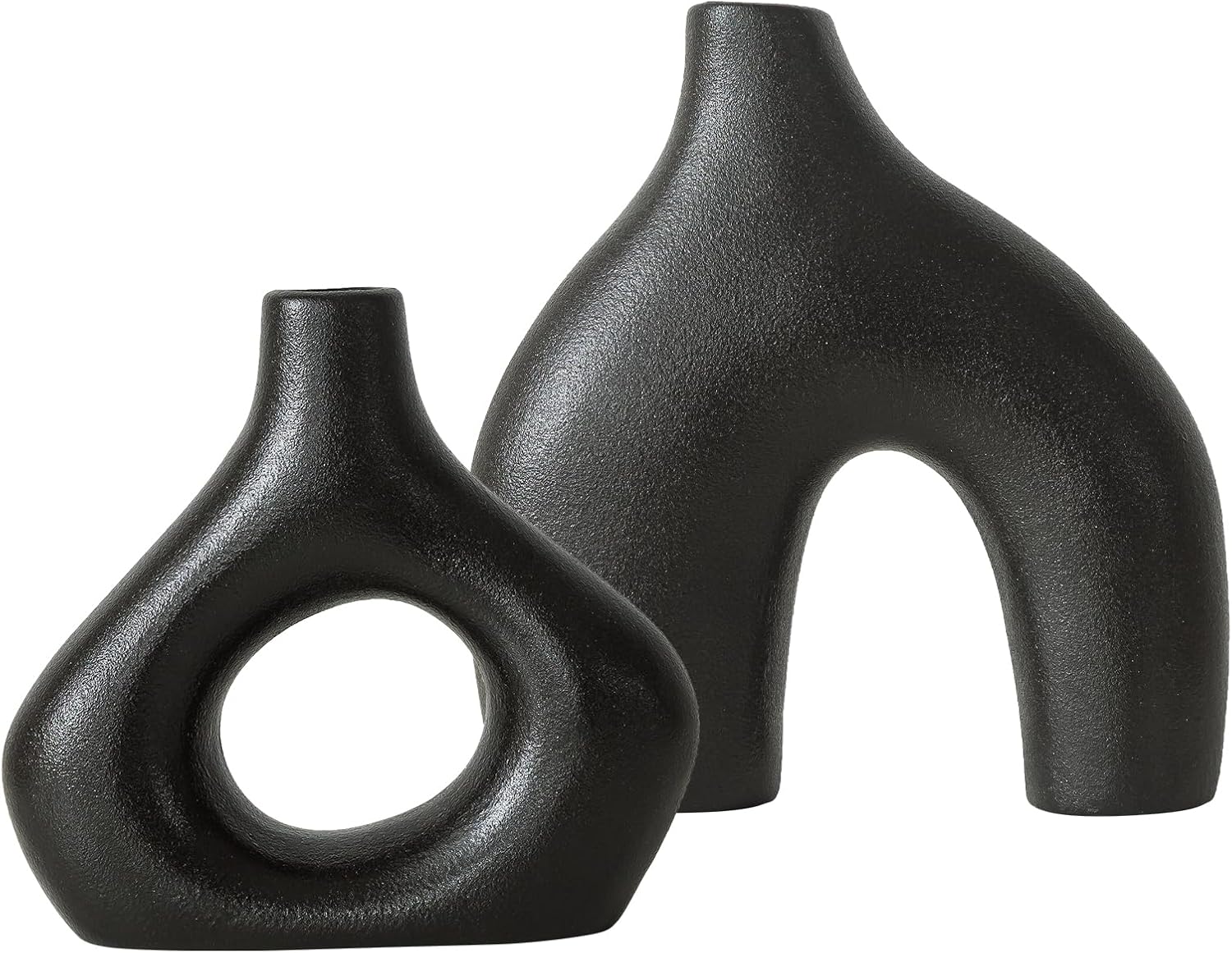 BLACK Ceramic Vase Set of 2 for Modern Home Decor, Round Matte Donut Vases for Pampas Grass, Neutral Boho Nordic Minimalism Style Flower Vases for Living Room Wedding Dinner Table Party Office Bedroom