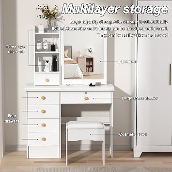 White Dressing Table with Mirror and Stool, Girls Dressing Table with Drawers, Make Up Table Girls Vanity Table Set with Mirror, Open Shelves, Hidden Storage Space