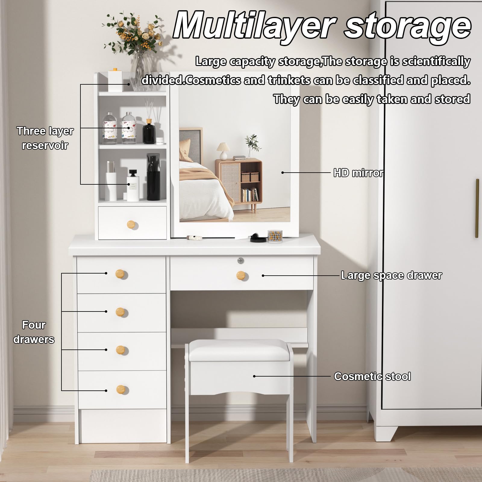 Coiffeuse avec Miroir Coulissant, Table de Maquillage avec 6 tiroirs et 6 étagères de Rangement, Coiffeuse Moderne avec Miroir et Tabouret pour Chambre