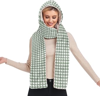 Pashmina like scarf for women fashion cute Classical Green White Houndstooth Hooded With Pockets Hat Gloves set bufandas para mujer For dog walking