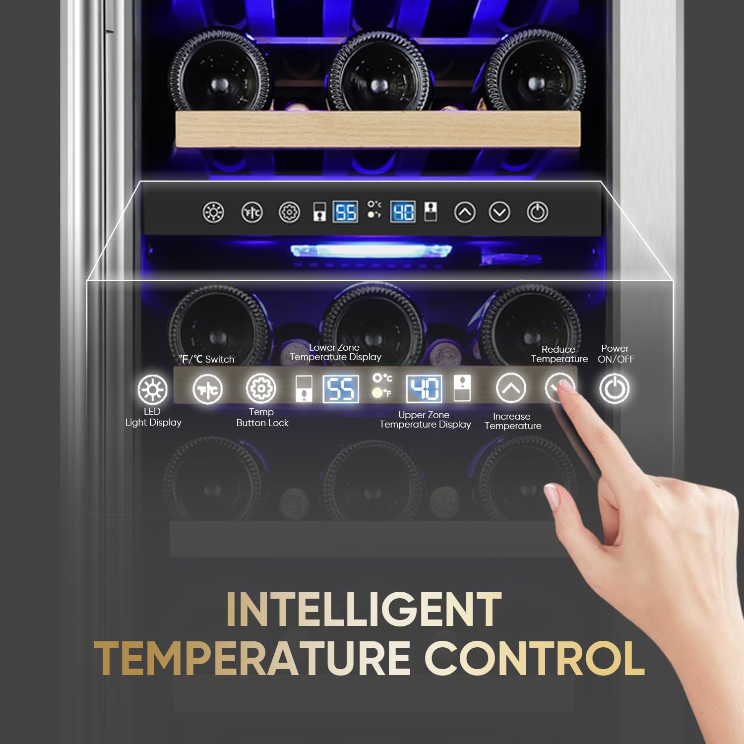 Close-up of the intelligent temperature control panel on the ORYMUSE wine cooler