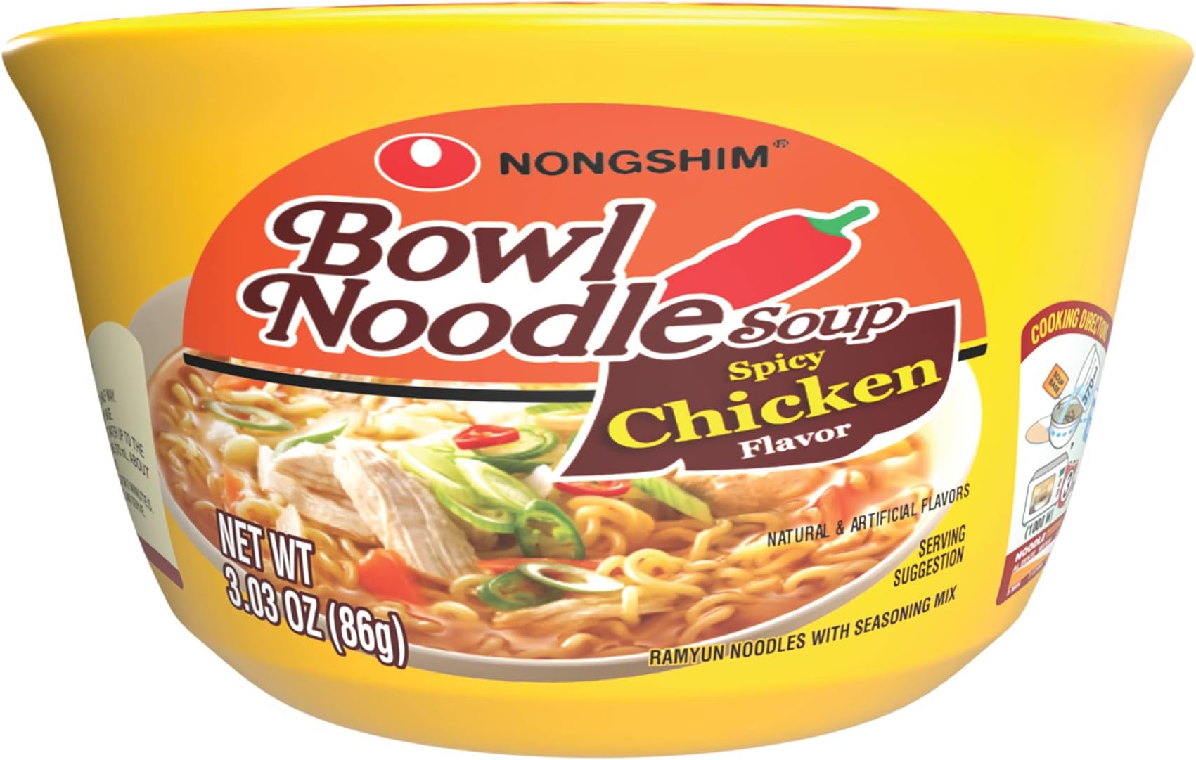 Spicy Chicken Noodle Soup Instant Ramen, 12 Pack, Korean Microwaveable Bowl Soup Mix, Ramyun with Veggies, Sabor a Pollo
