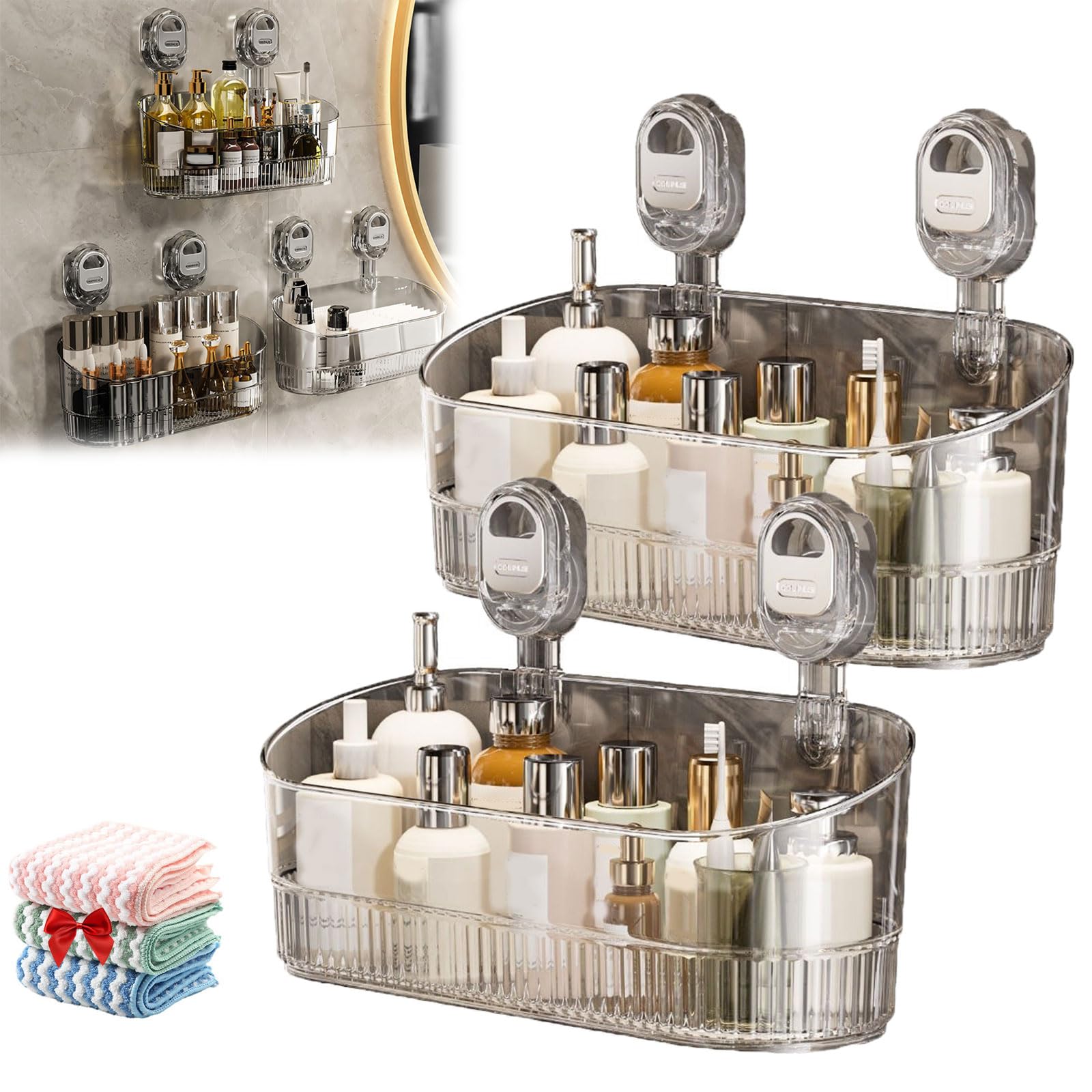 Yrcasu No-Drill Bathroom Suction Storage Box Shower Caddy Suction Cup Wall Mount Shower Shelves Suction Cup with Drain