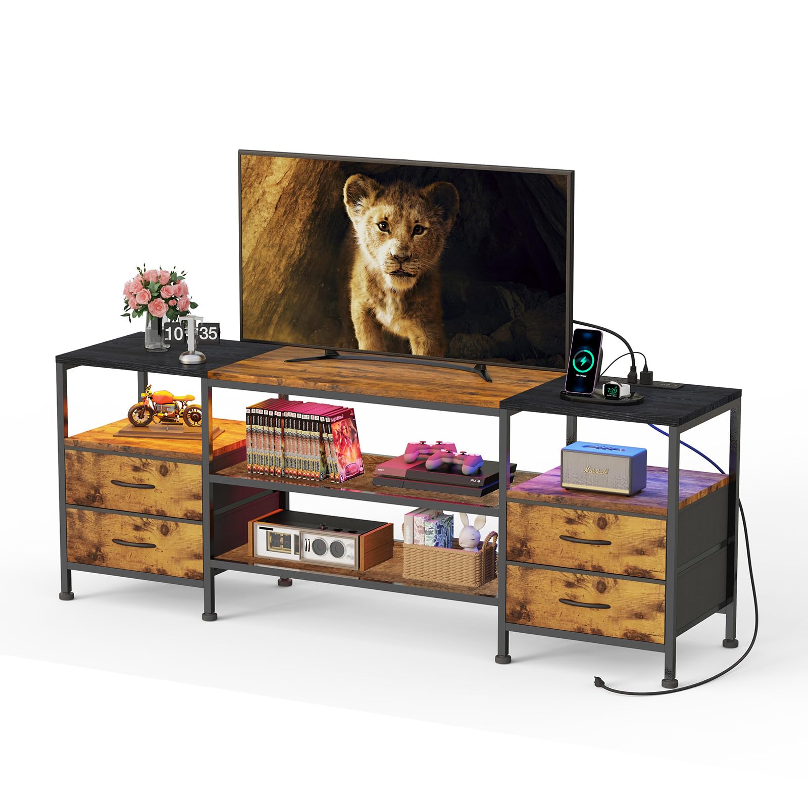 Mueble TV con Enchufe y LED, Mesa TV de hasta 70 Pulgadas, Marrón | 40x160x63cm Mesa Television para Salón Dormitorio Cines en Casa, Espacio de Almacenamiento de Gran Capacidad, Marco de Acero