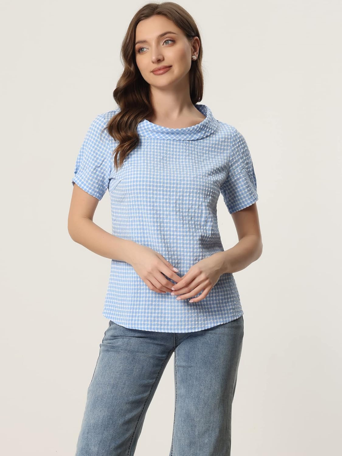 Allegra K Women's 1950s Round Collar Short Sleeve Gingham Tops - Image 2