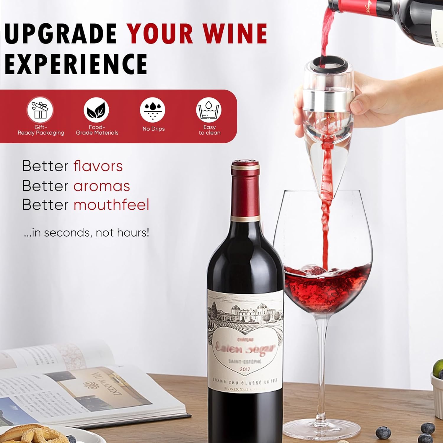 D&Slifei Wine Aerator Pourer and Decanter with Unique Aeration Device Quickly Enhances Wine Flavors with Smoother Finish,Best Gifts for Wine Lovers and Sommeliers.(Silvery) - Image 2
