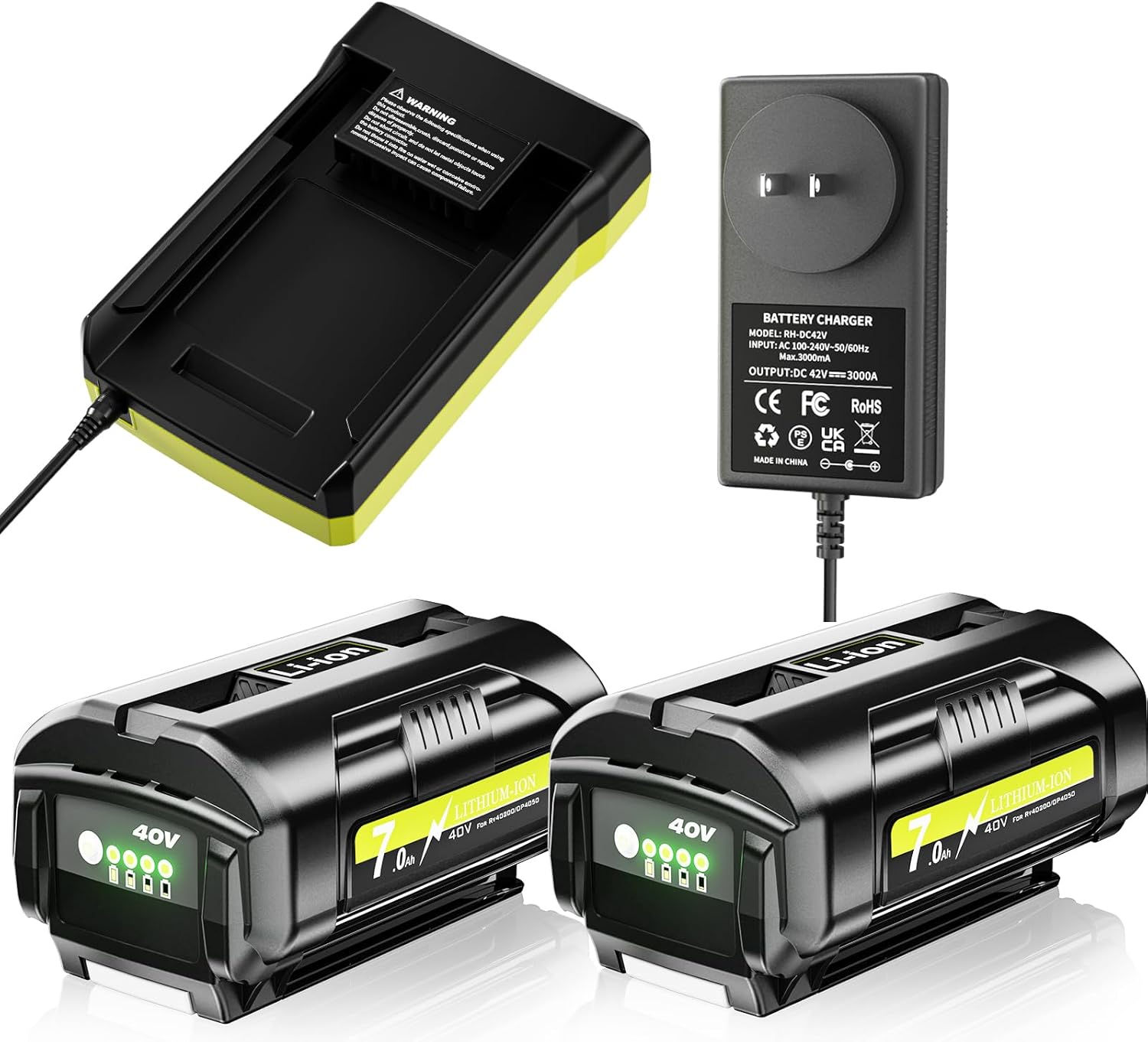 2Pack 7000mAh Lithium Battery Replacement for Ryobi 40V Battery with Charger, Compatible with Ryobi 40 Volt OP4050A OP40201 OP4015 OP4026 OP4030 OP4040 OP4050 OP4060 OP4026A Cordless Power Tools