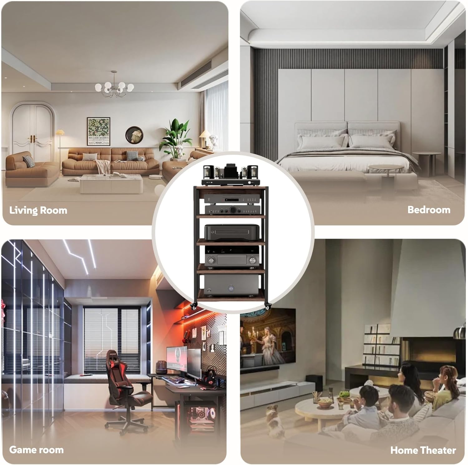 AV Media Stand with Wheels,2/3/4/5-Tier Wooden Stereo Stand,Audio Rack,Adjustable Audio-Video Shelving,Modern Stereo Cabinet Receiver Console Shelf,for Home,Office,Theater(4-tier 19.6x15.7x27.3in)