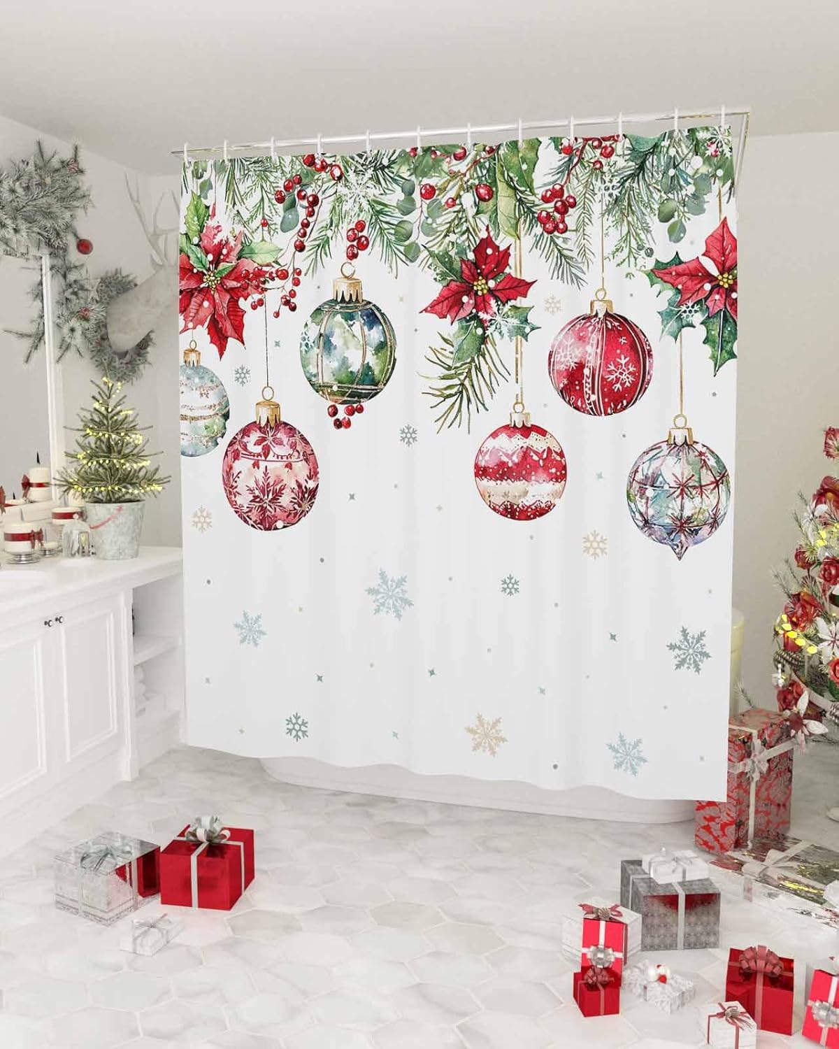BEMIGO Watercolor Christmas Poinsettia Flower Shower Curtains for Bathroom, Farmhouse Fabric Waterproof Shower Curtain Set with Hooks, Winter Snowflake Ball Christmas Vacation Decorations 36x72inch