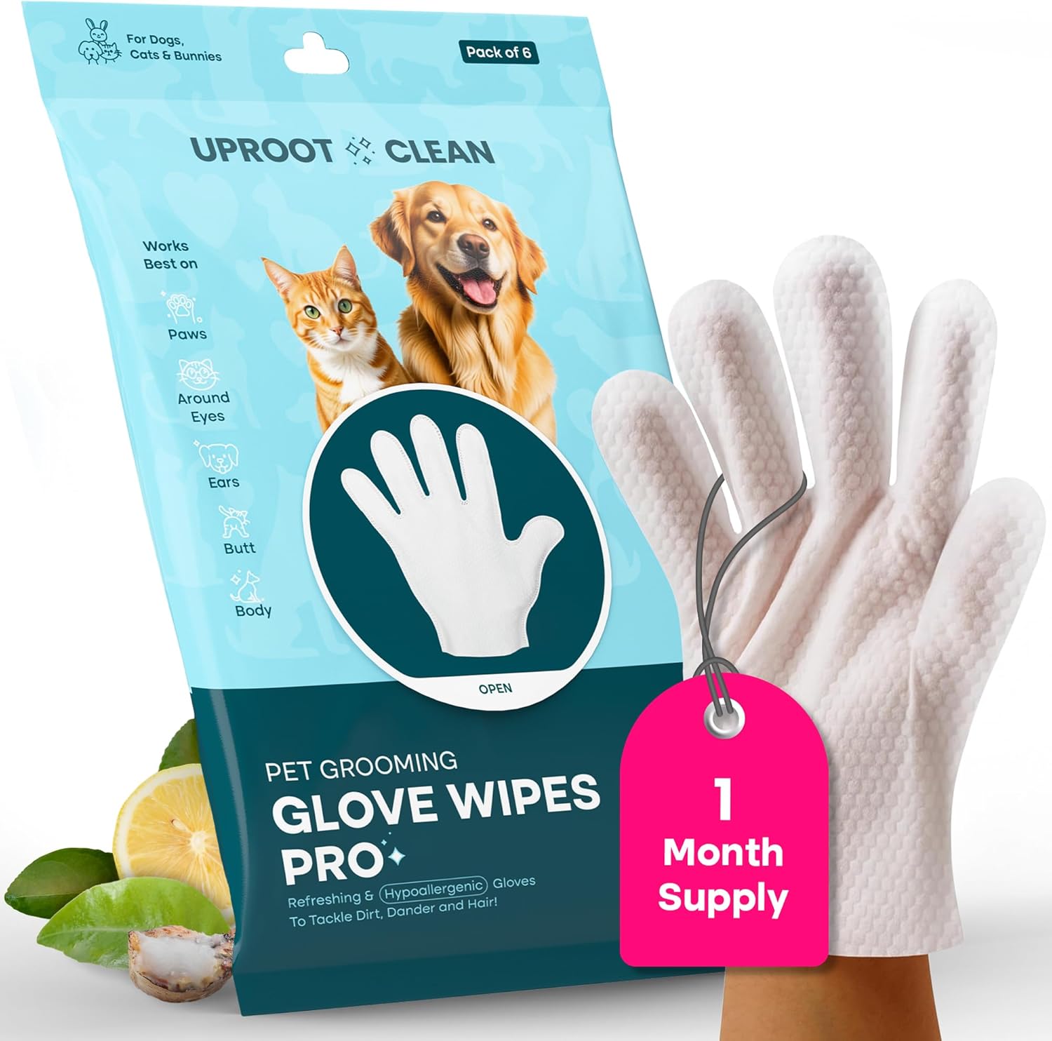 Uproot QuickClean Gloves Pro: 1 Month Supply – Extra-Thick Pet Glove Wipes for Dogs & Cats – Easy Wipe Paws, Eyes, Ears, Butt, & Body – Lick-Safe – Cleaning, Deodorizing & Grooming (6 Pack)