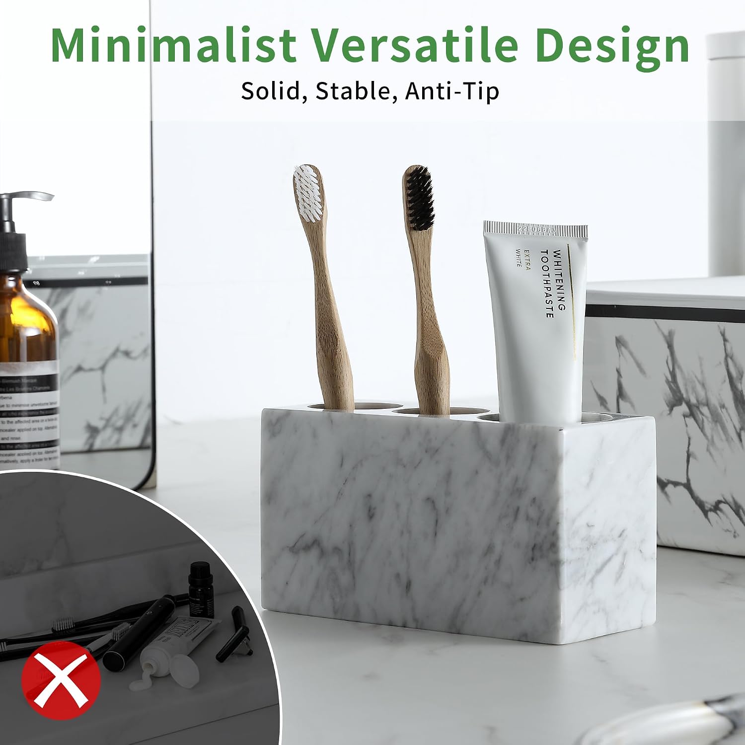 Natural Marble Toothbrush Holder with Slots – Through-Hole Drain, Non-Slip