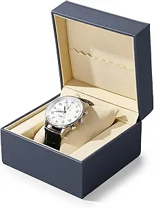 Leather Single Watch Box Watch Travel Case Microfiber Interior Wristwatch Holder Storage Box With Removable Pillow (Blue)