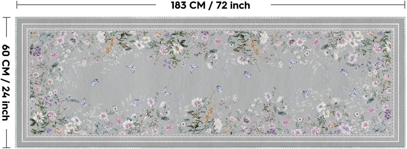 Artoid Mode Grey Butterfly Flower Spring Runner Rug, Summer Home Decor Low-Profile Non-Slip Washable Carpet Runner for Hallways Kitchen Laundry Bedroom Bathroom 2x6 Feet