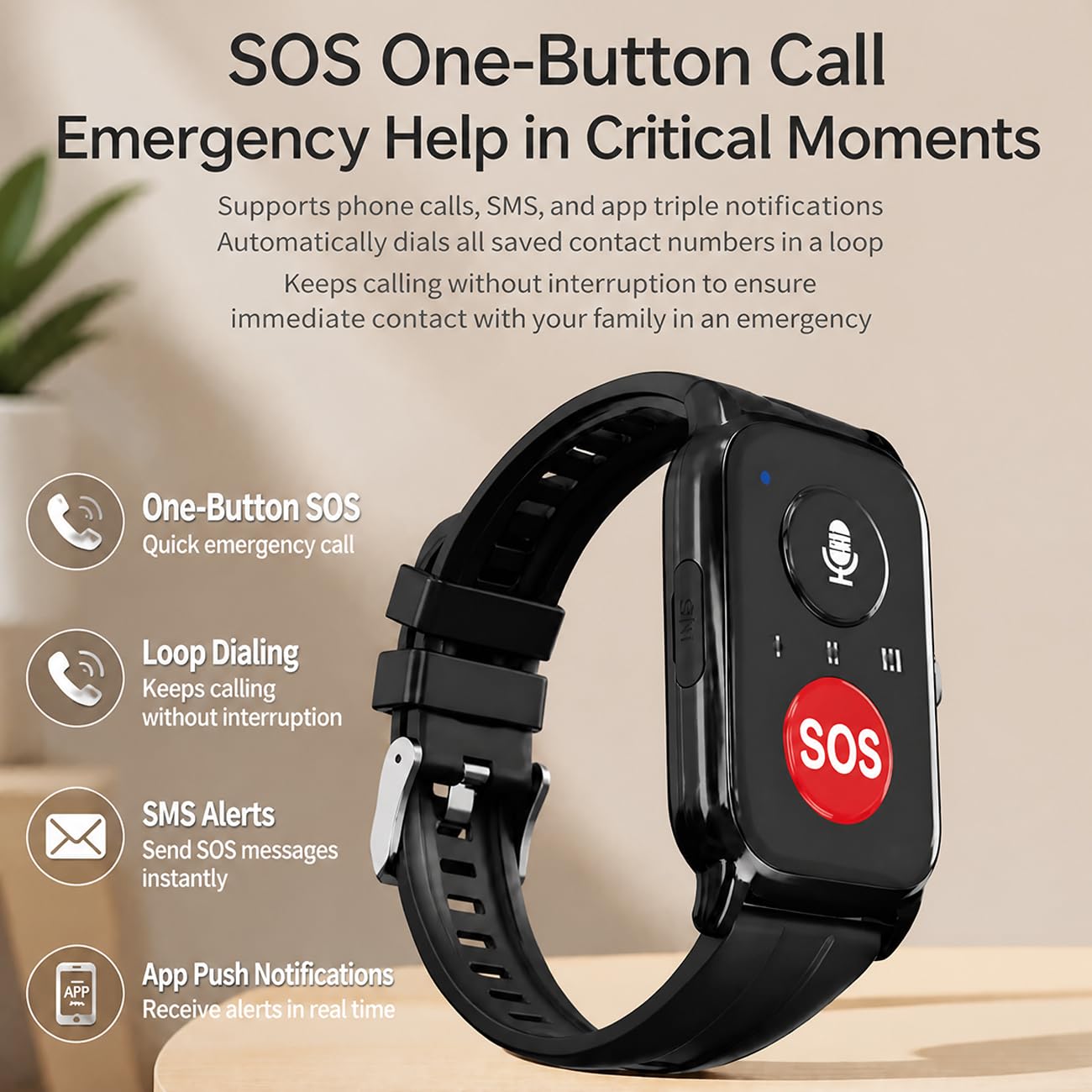 Reloj Localizador Personas Mayores Detección De Caídas, SOS para Personas Mayores Llamadas Caídas Posición GPS Ancianos Pour Alzheimer Black,4.9 * 3.3cm