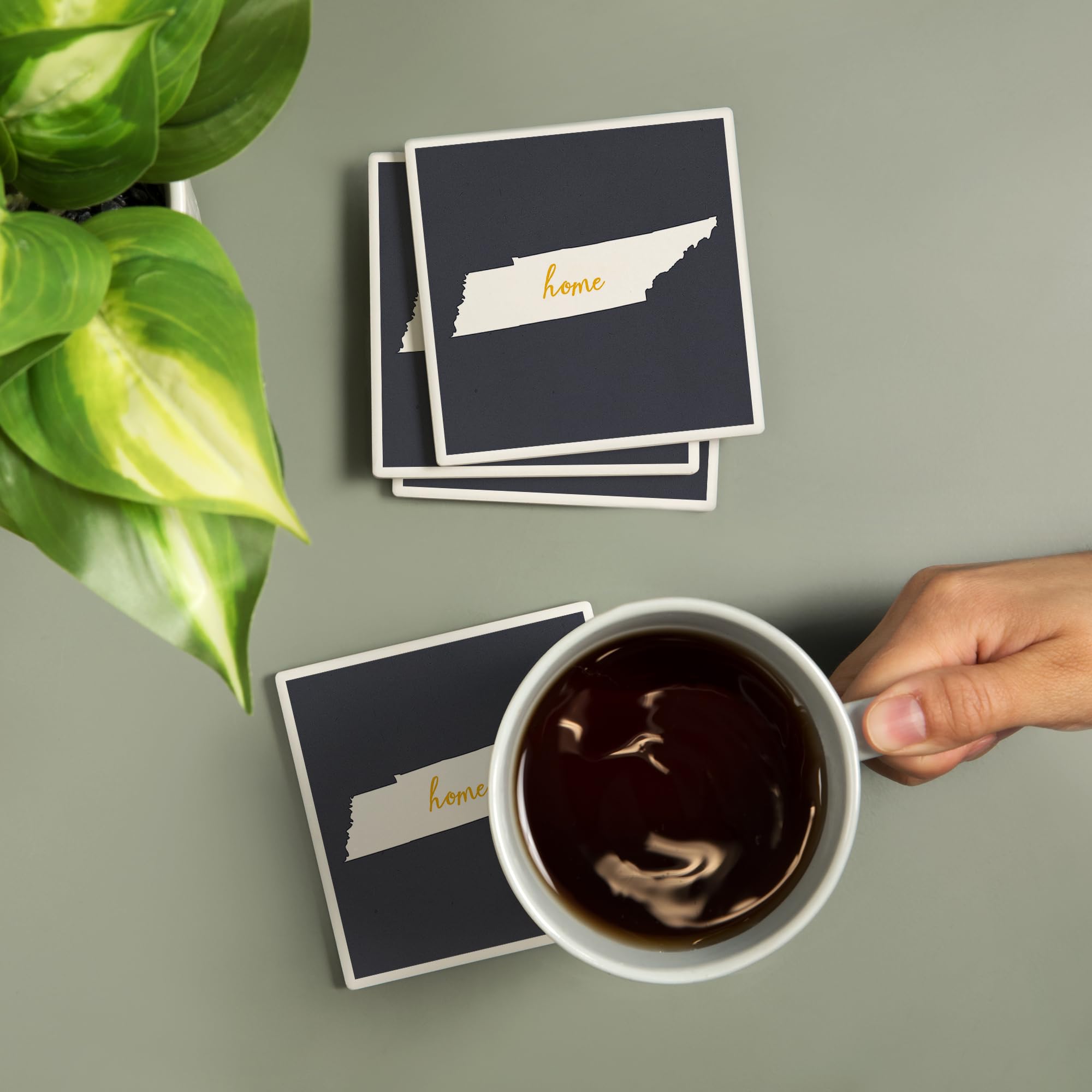 Tennessee, Home State, White on Gray (Absorbent Ceramic Coasters Set of 4 Matching Images, Cork Back, Kitchen Table Decor)