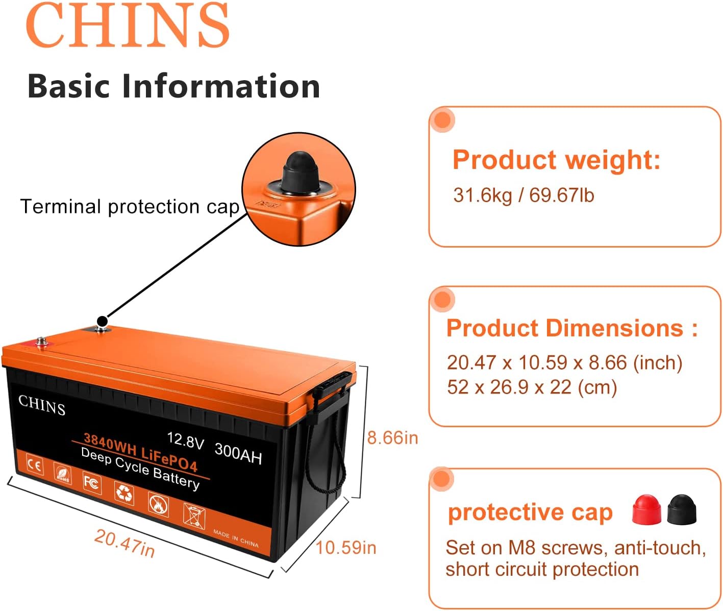 CHINS LiFePO4 Battery 12V 200AH Lithium Battery - Built-in 100A BMS, Perfect for Replacing Most of Backup Power, Home Energy Storage and Off-Grid etc. : Automotive