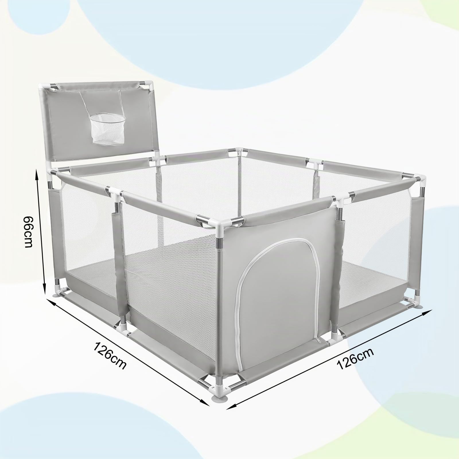 Parc Bébé,grand parc pour enfant en bas âge, d'Activité pour Enfants avec Balle, modulable, pliable, Avec Porte Zippée,Basketball Rack,Avec 4 Ventouses, 126 * 126 * 66cm-Gris clair