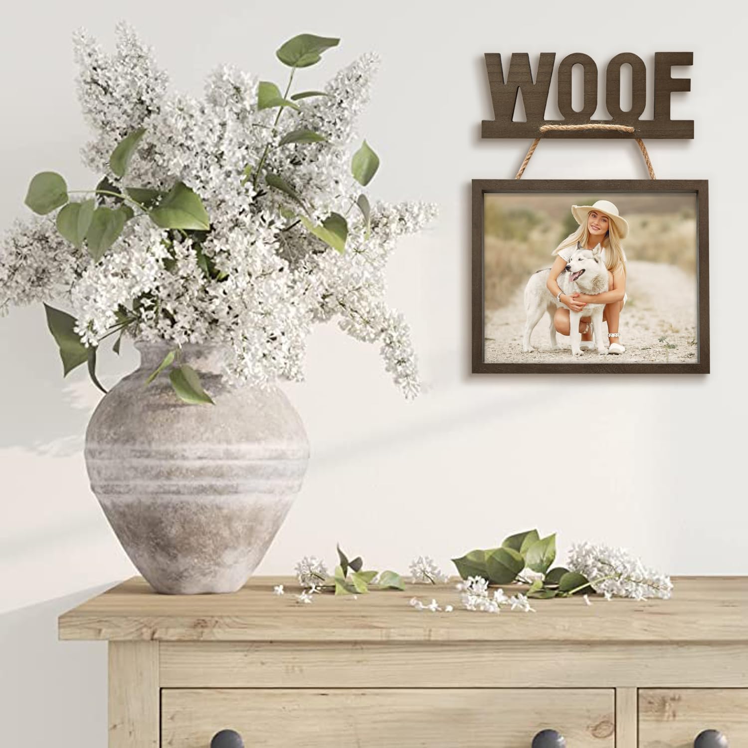 Dog Picture Frame – 11x14 Hanging WOOF Photo Frame with 8x10 Mat, Pet Gift Dog Memorial Picture Frame, Solid Oak Wood Frame with Real Glass & Rustic Rope, Wall Mount Décor