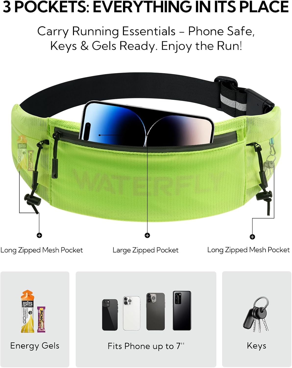 WATERFLY Running Belt Fanny Pack: Breathable 3 Pocket Waist Bag for Men Women Workout Exercise Fitness Phone Holder Fits All Phones - Runner Marathon Jogging Race Belt with Bib Clip Yellow - Image 4