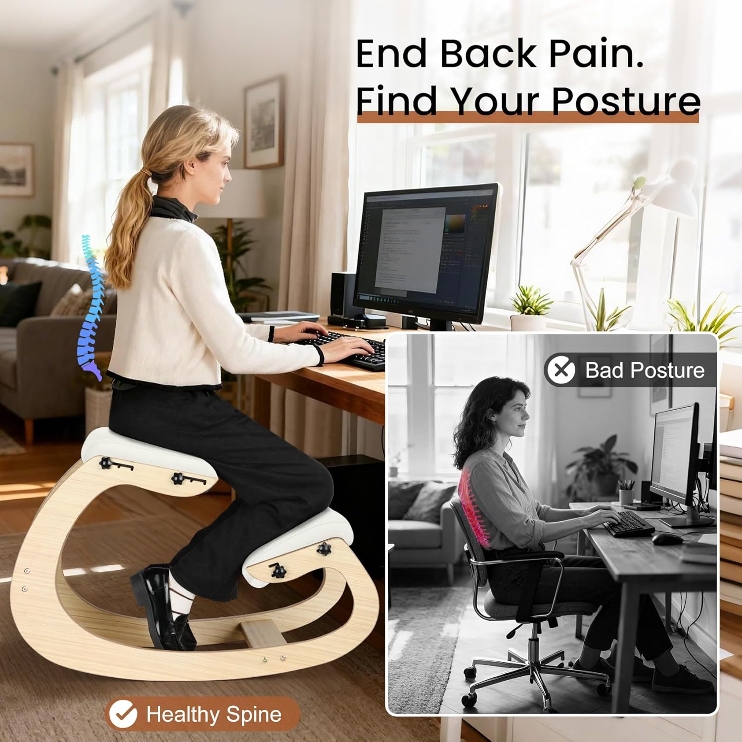 Ergonomic Kneeling Chair - Adjustable Seat, Smooth Rocking Base for Active Posture, Relieves Back & Spine Pressure for Office &Home Sturdy Kneeling Desk Chair Holds 300 lbs, Durable & Stable