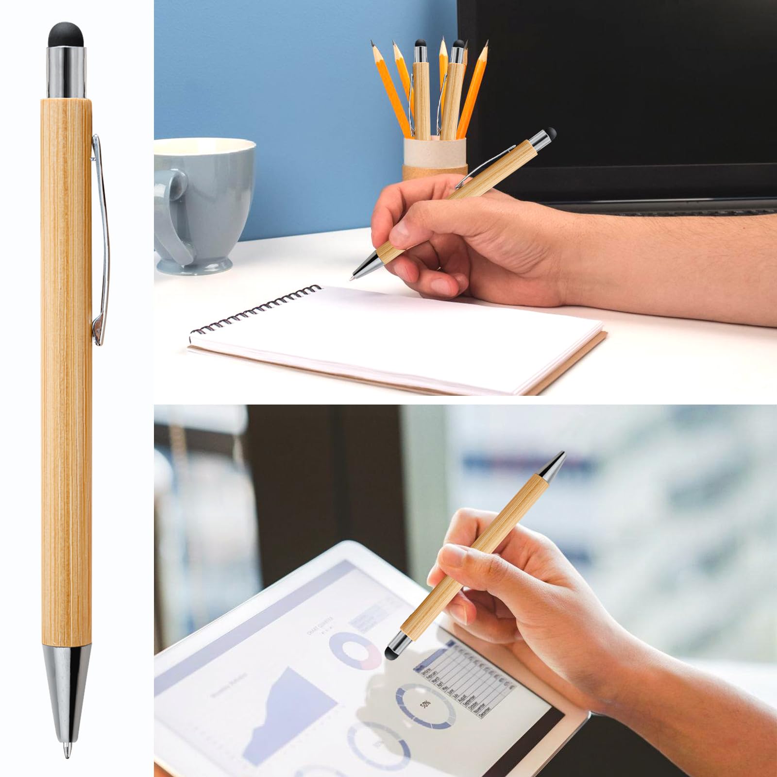 BORDEAG 50 stuks balpen met touchpen, balpenset, bamboe balpen