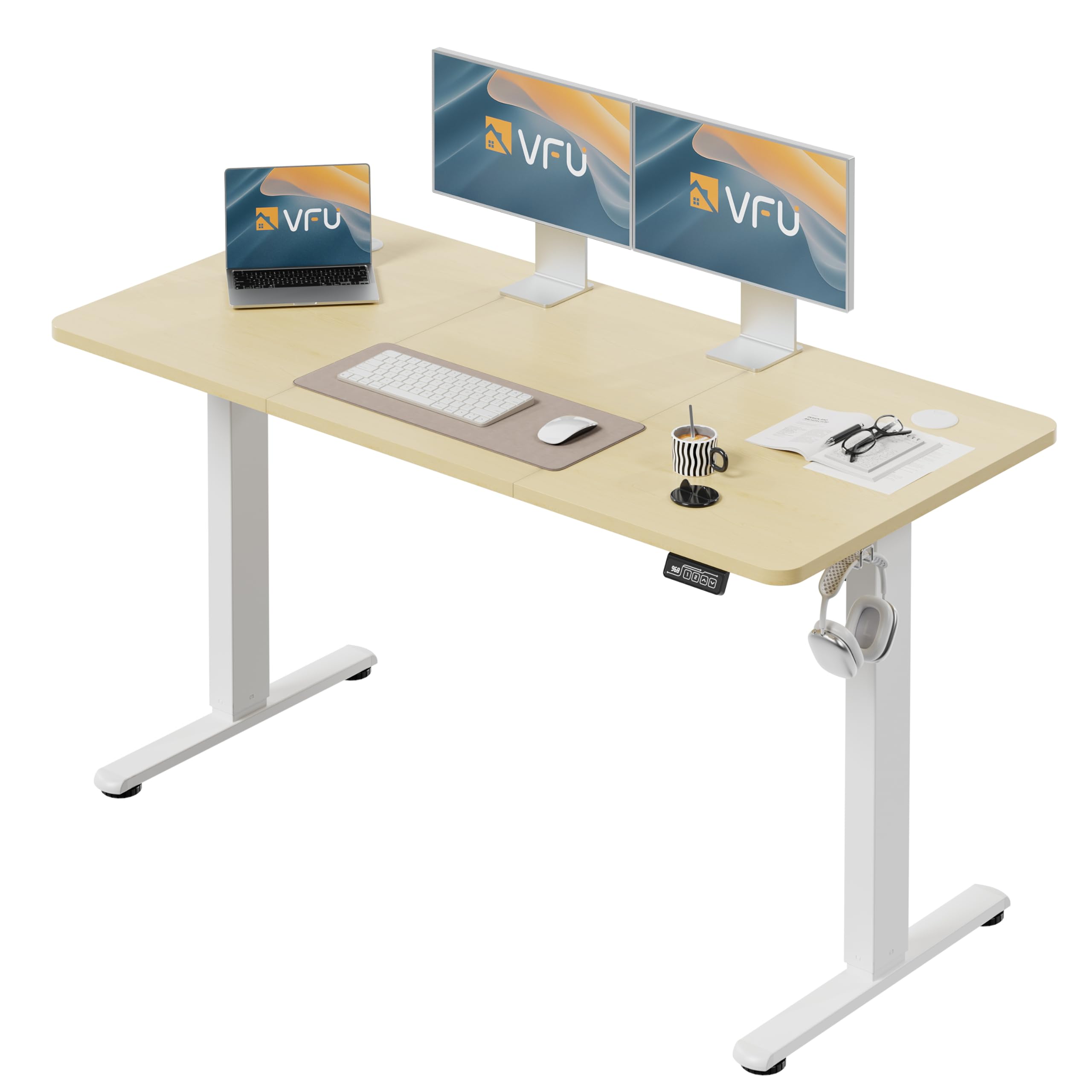 Bureau Assis Debout Électrique 140 x 60 cm, Bureau Électrique Réglable en Hauteur avec Fonction Mémoire et Système Anti-Collision, Table Assis-Debout, Beige