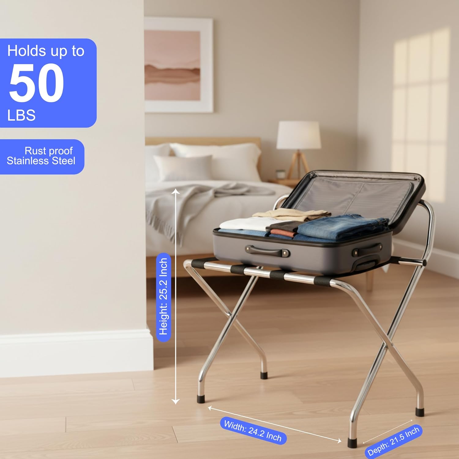 USTECH Single Tier with Highback Self Assembly Stainless Steel Luggage Rack for Guest Room Holds Up to 50 LBS