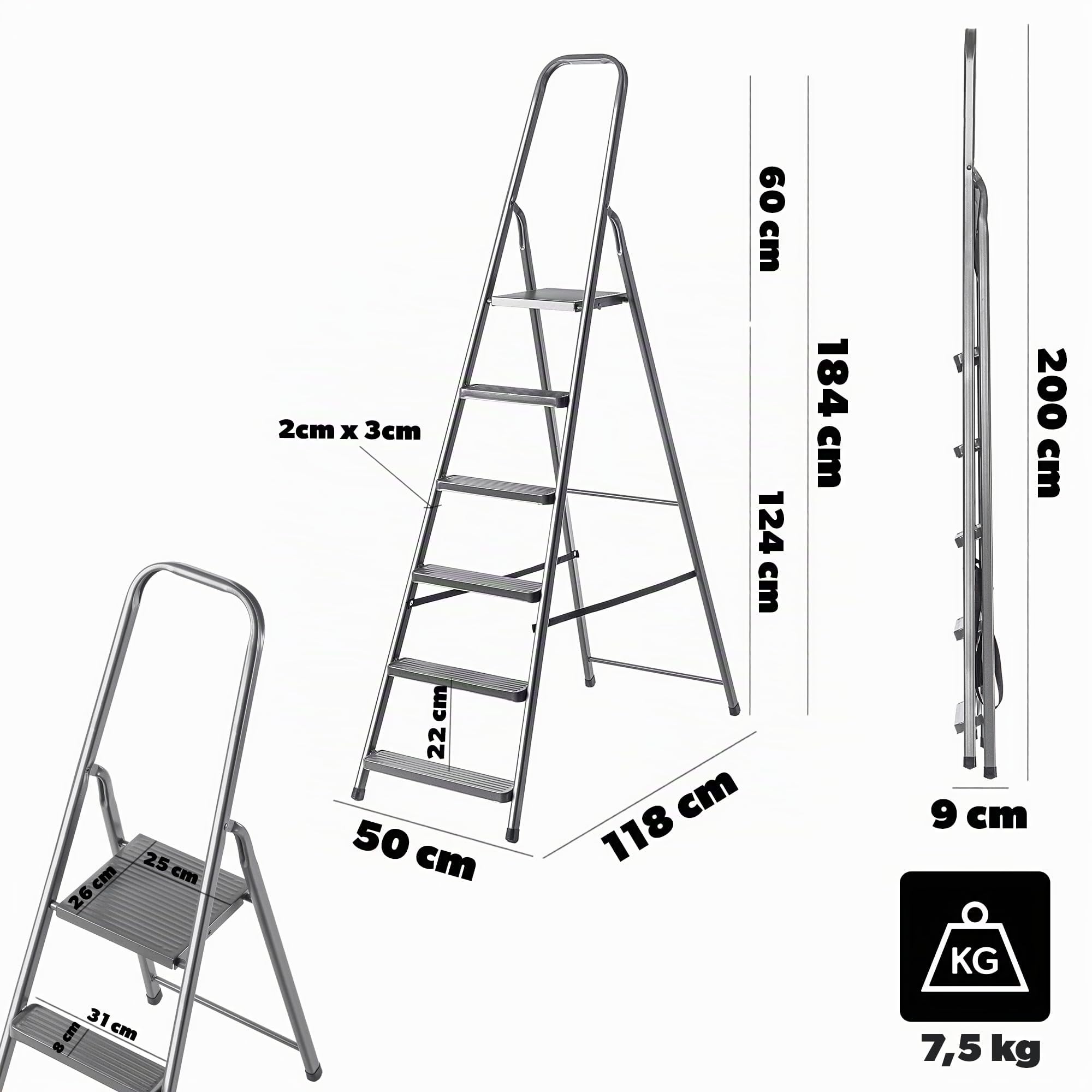 KADAX Escalera plegable de acero de 6 peldaños con patas antideslizantes y estante, escalera de un lado para el hogar y el jardín