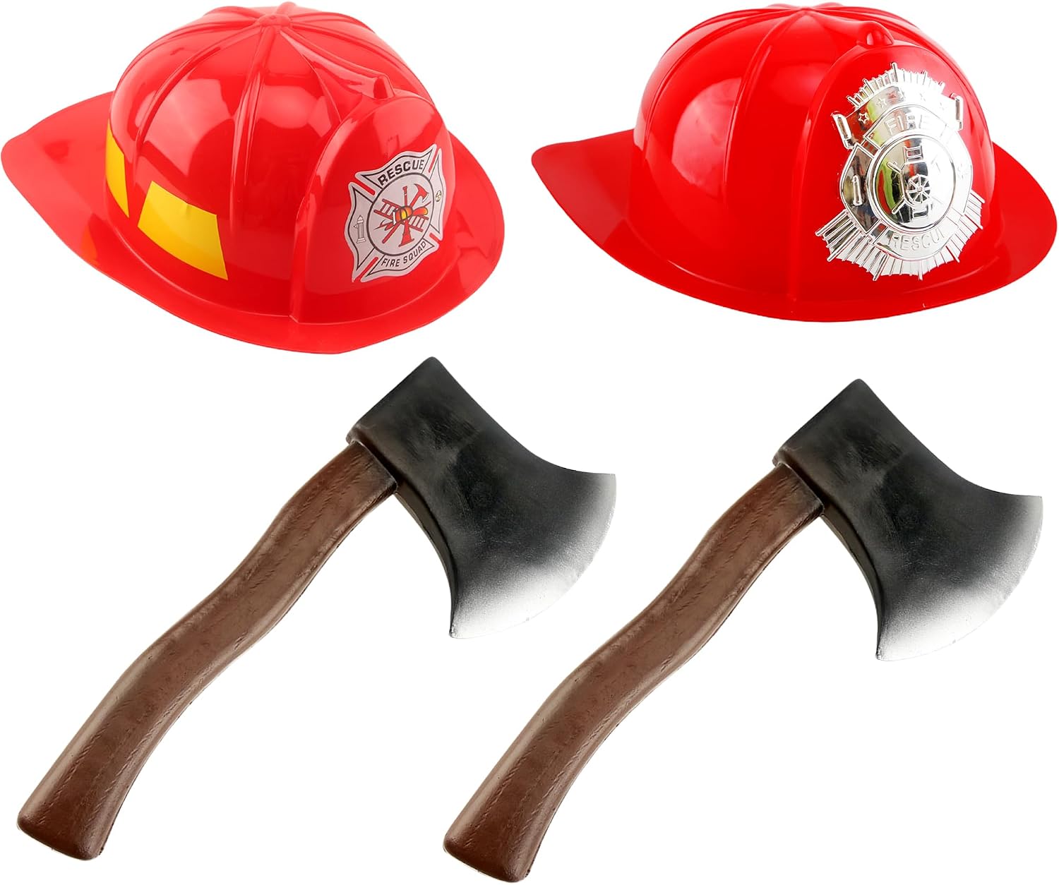 4 Pack Adult Firefighter Helmet and Axe Set Red Fireman Hat Halloween Axe Prop for Kids Adult Halloween Dress Up Accessories