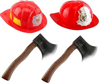 4 Pack Adult Firefighter Helmet and Axe Set Red Fireman Hat Halloween Axe Prop for Kids Adult Halloween Dress Up Accessories